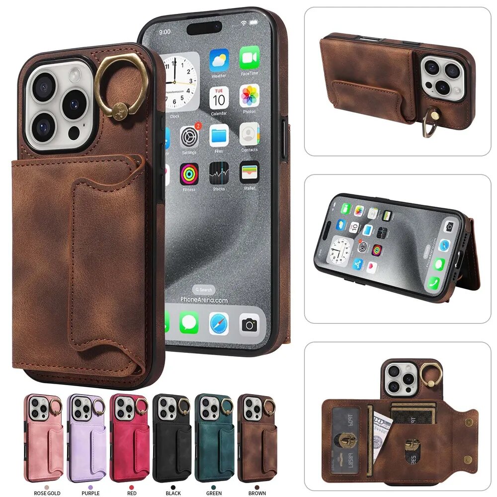 YIKATU Роскошный кожаный магнитный чехол для Apple iPhone 16 Pro (Эпл Айфон 16 Про) с карманом/держателем для карт/кольцом-подставкой, Skin Feel