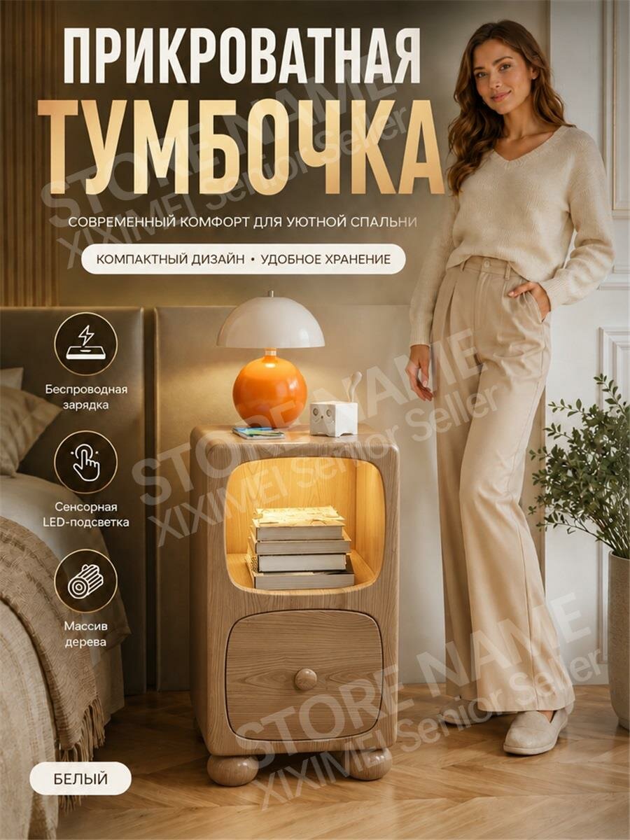 Тумба прикроватная с сенсорной LED-подсветкой, деревянная тумба с беспроводной зарядкой для хранения вещей в спальне