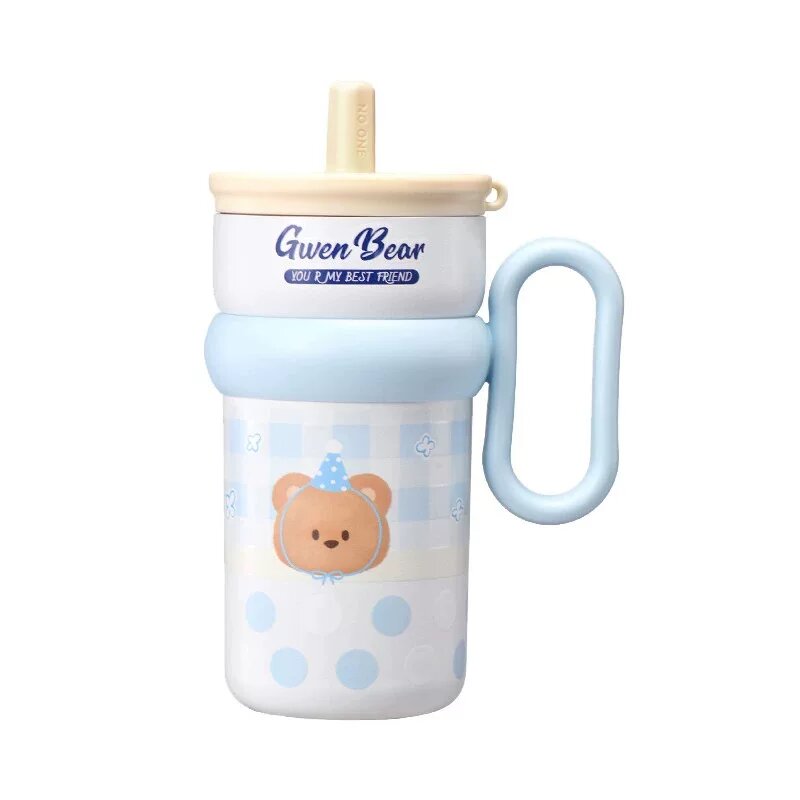 Детская термокружка MINISO Cream Bear с соломинкой, милый дизайн, герметичная, портативная, с ручкой, для горячих и