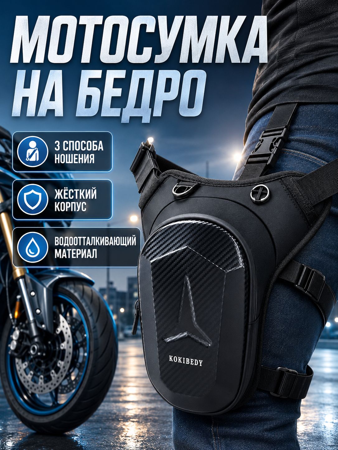 Мотосумка на бедро для мотоцикла, жесткая, 3 способа ношения, 25x12x9 см, черная