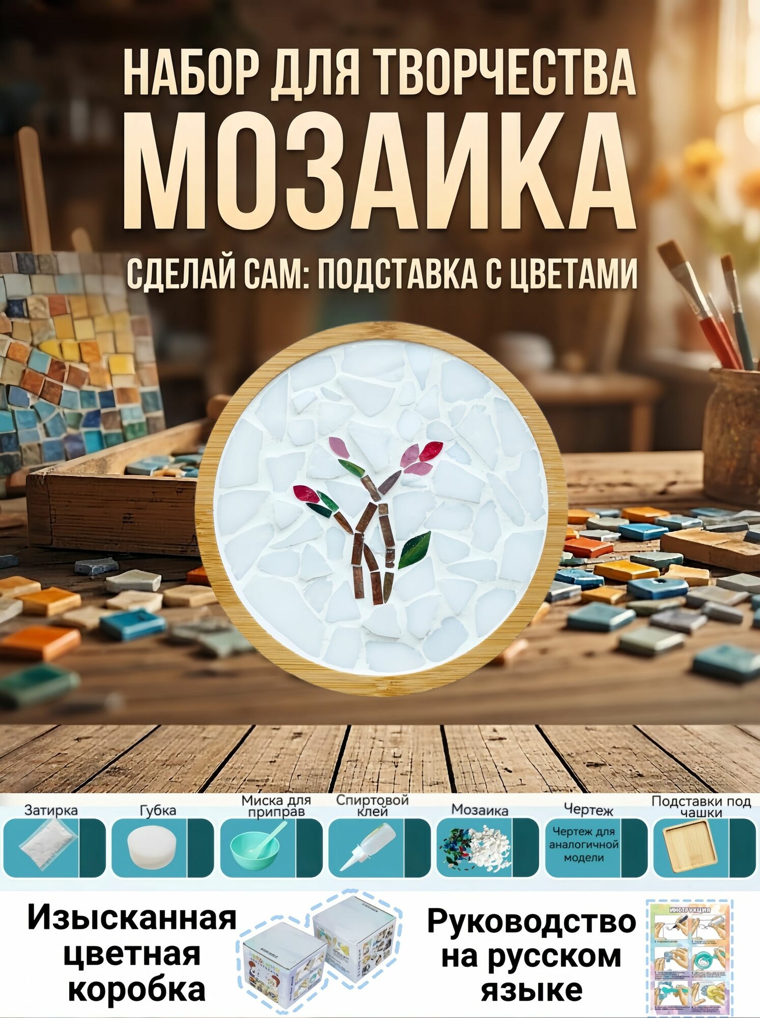 Набор для творчества DIY мозаика, деревянная подставка под кружку своими руками, рукоделие для детей и взрослых