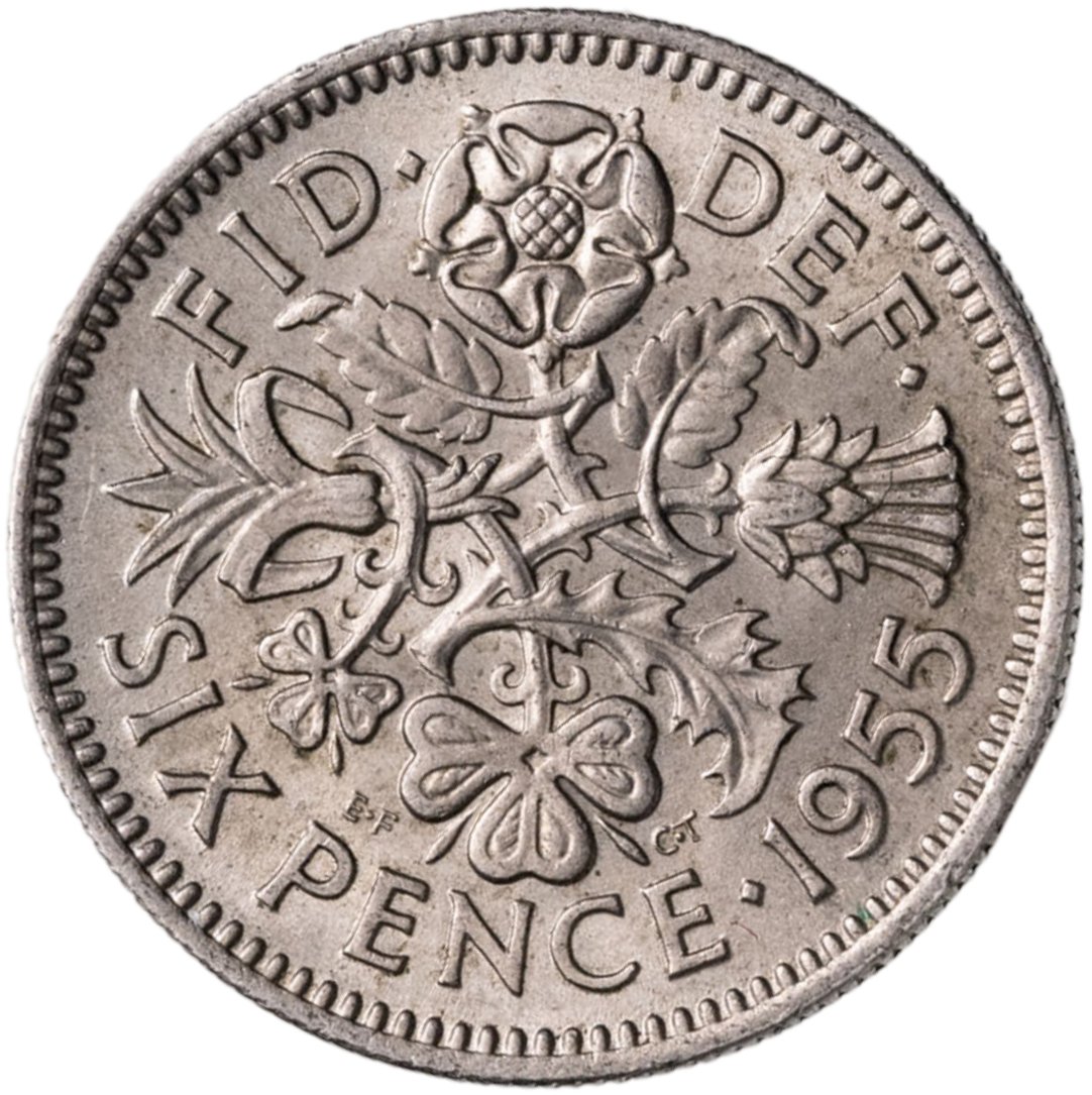 Великобритания 6 пенсов pence 1955, Мельхиор медь-никель, в сохранности AU-UNC