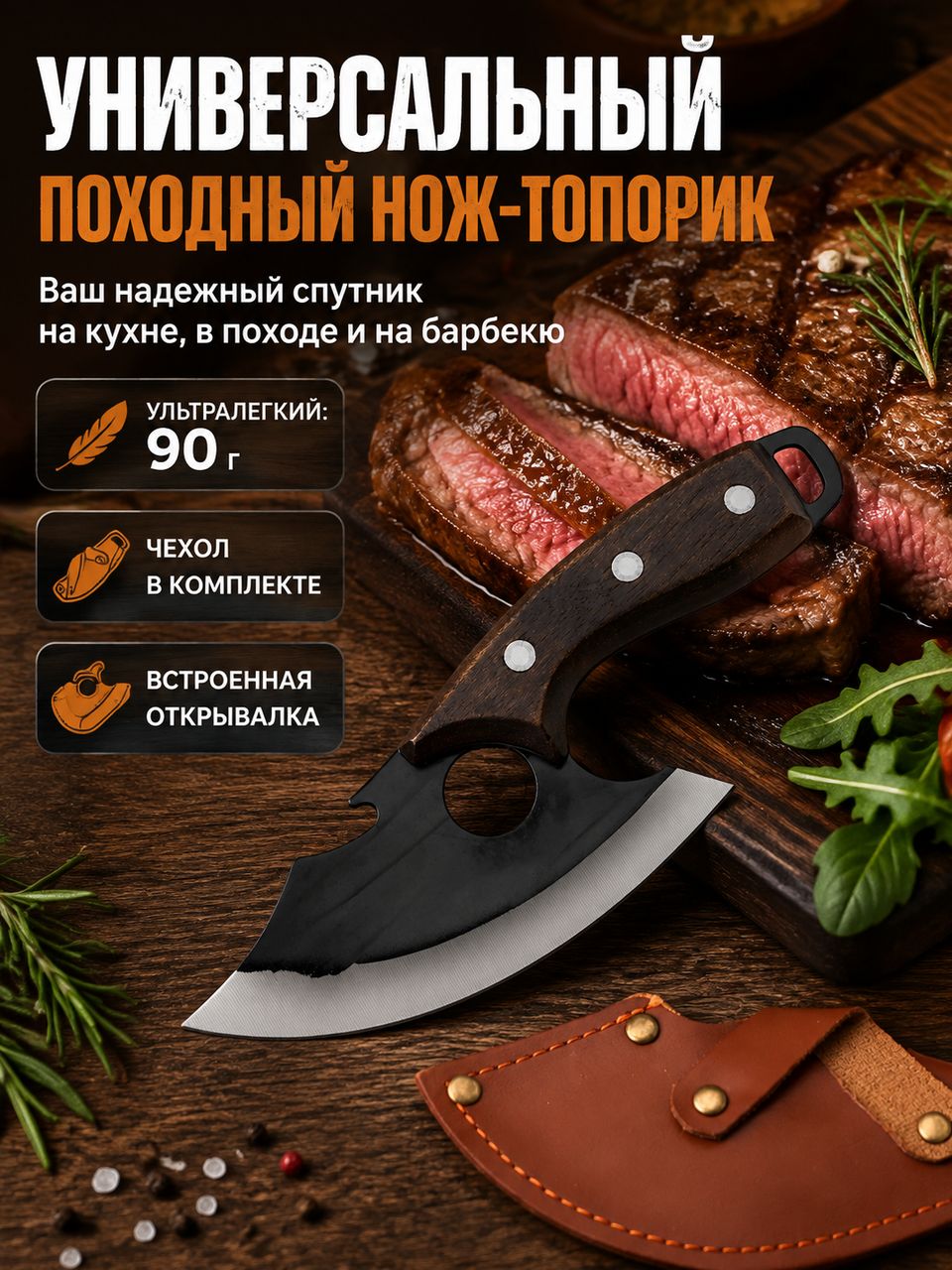 Нож топорик кухонный стальной с чехлом для мяса и рыбы 13 сm