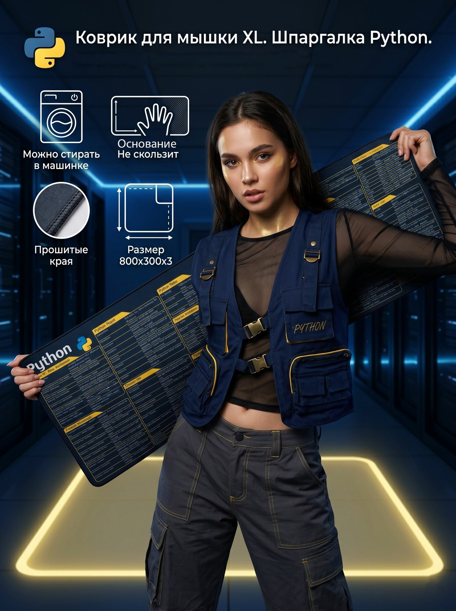 Коврик для мышки большой профессиональный 800х300 XL, с подсказками Python команды, для программистов и devops