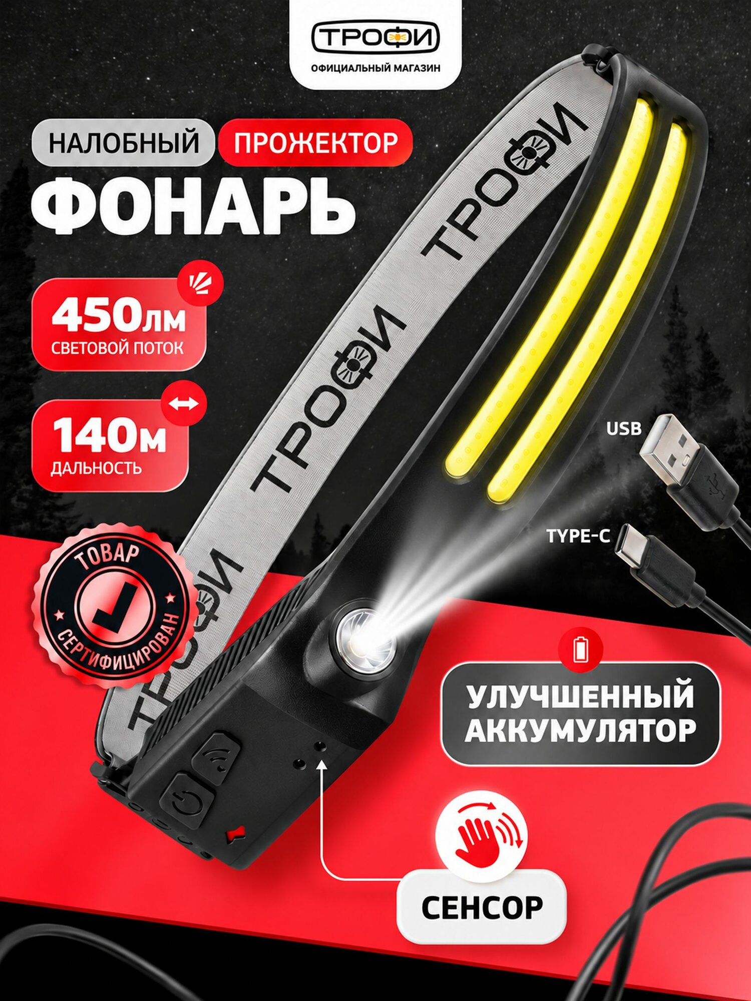 Мощный фонарь налобный аккумуляторный GA-109 Kiber-2 светодиодный туристический для рыбалки 4 режима сенсорное управление