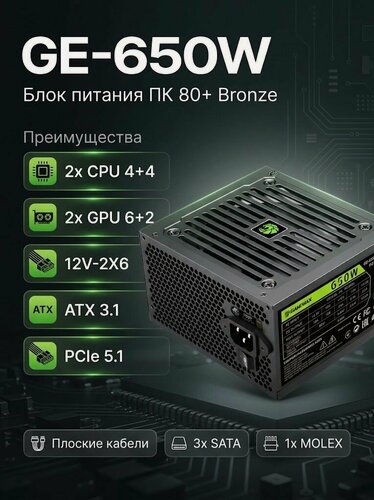 Изображение товара Блок питания для ПК 650W 80+ GAMEMAX GE-650 120мм 20+4pin 2*4+4pin(CPU) 2*6+2pin(PCI-E) 1*12V-2x6 (PCI-E) 3*SATA 1*MOLEX