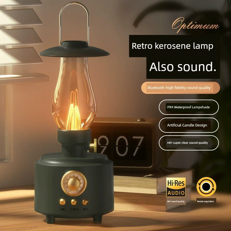 Кемпинговая лампа с Bluetooth-динамиком и FM-радио, отделка изумрудно-зеленого цвета для вечернего уюта