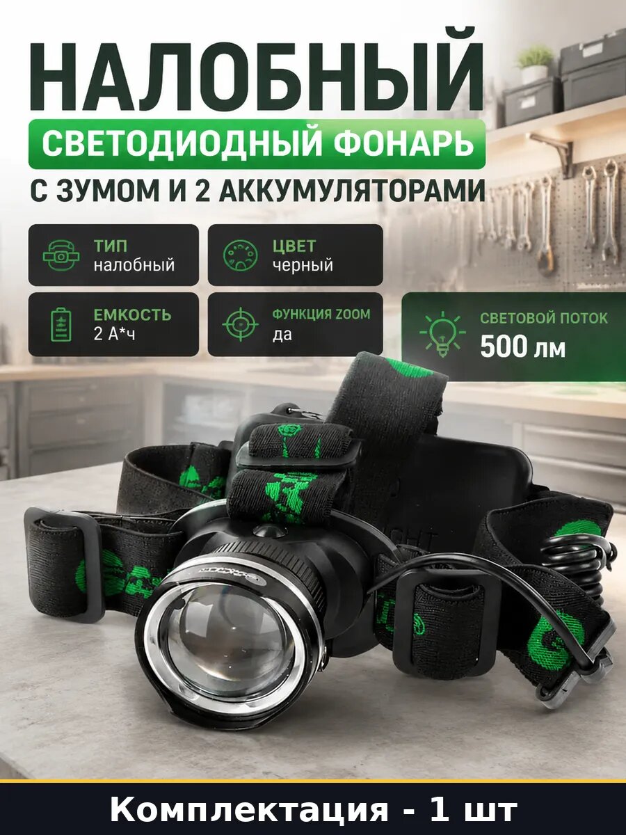 Налобный светодиодный фонарь с зумом и 2 аккумуляторами