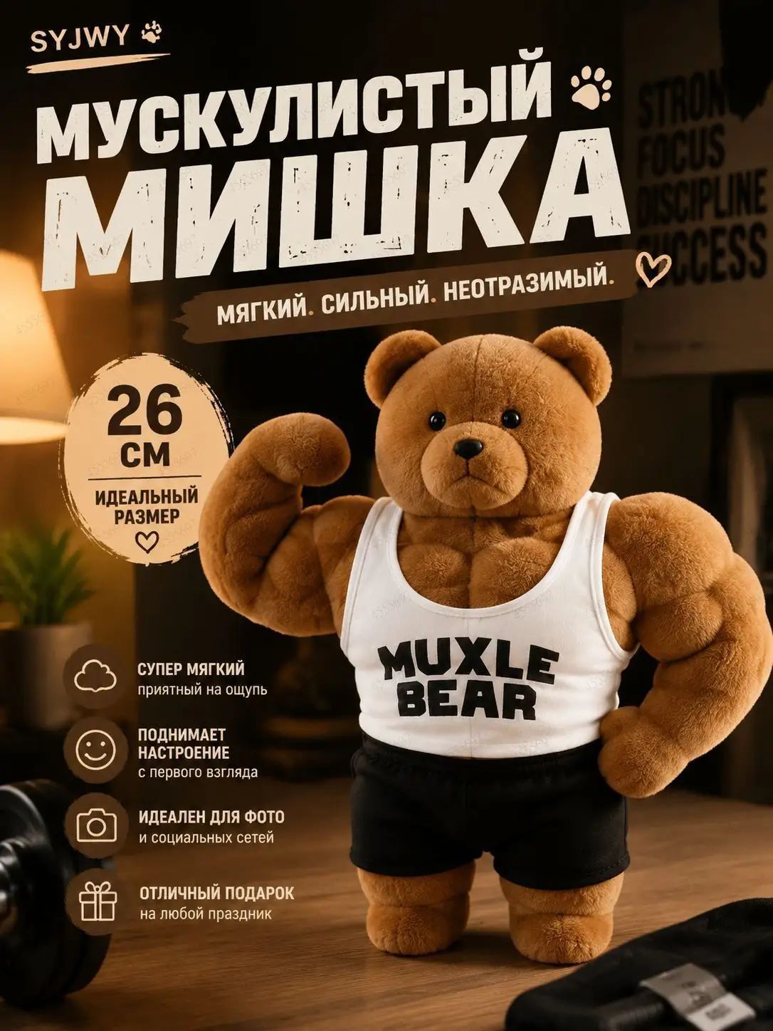 Плюшевая игрушка Медведь-качок, 26 см.