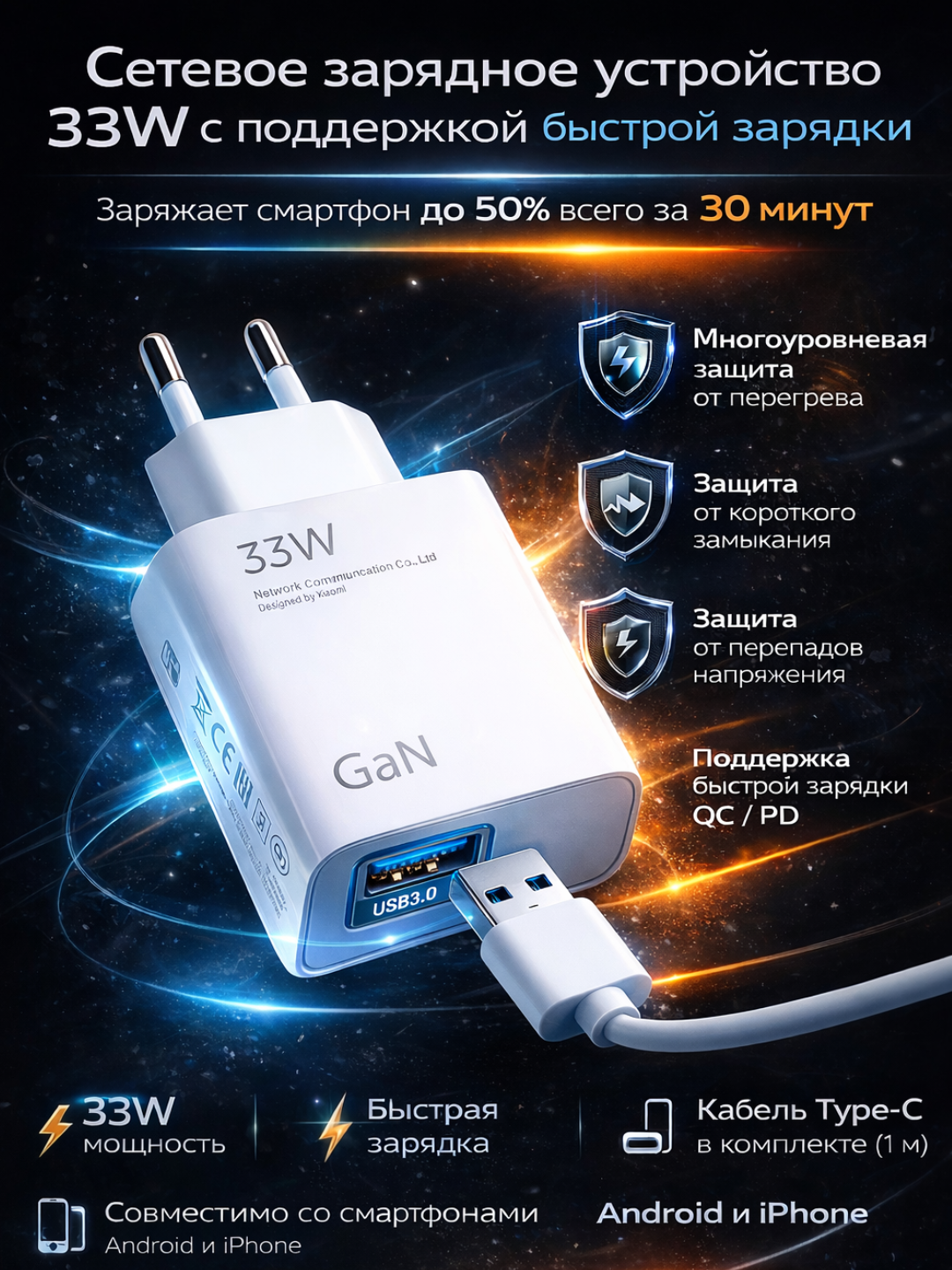 Зарядное устройство Xiaomi "TURBO FAST CHARGE" 33Вт, с кабелем USB Type-C , качественные