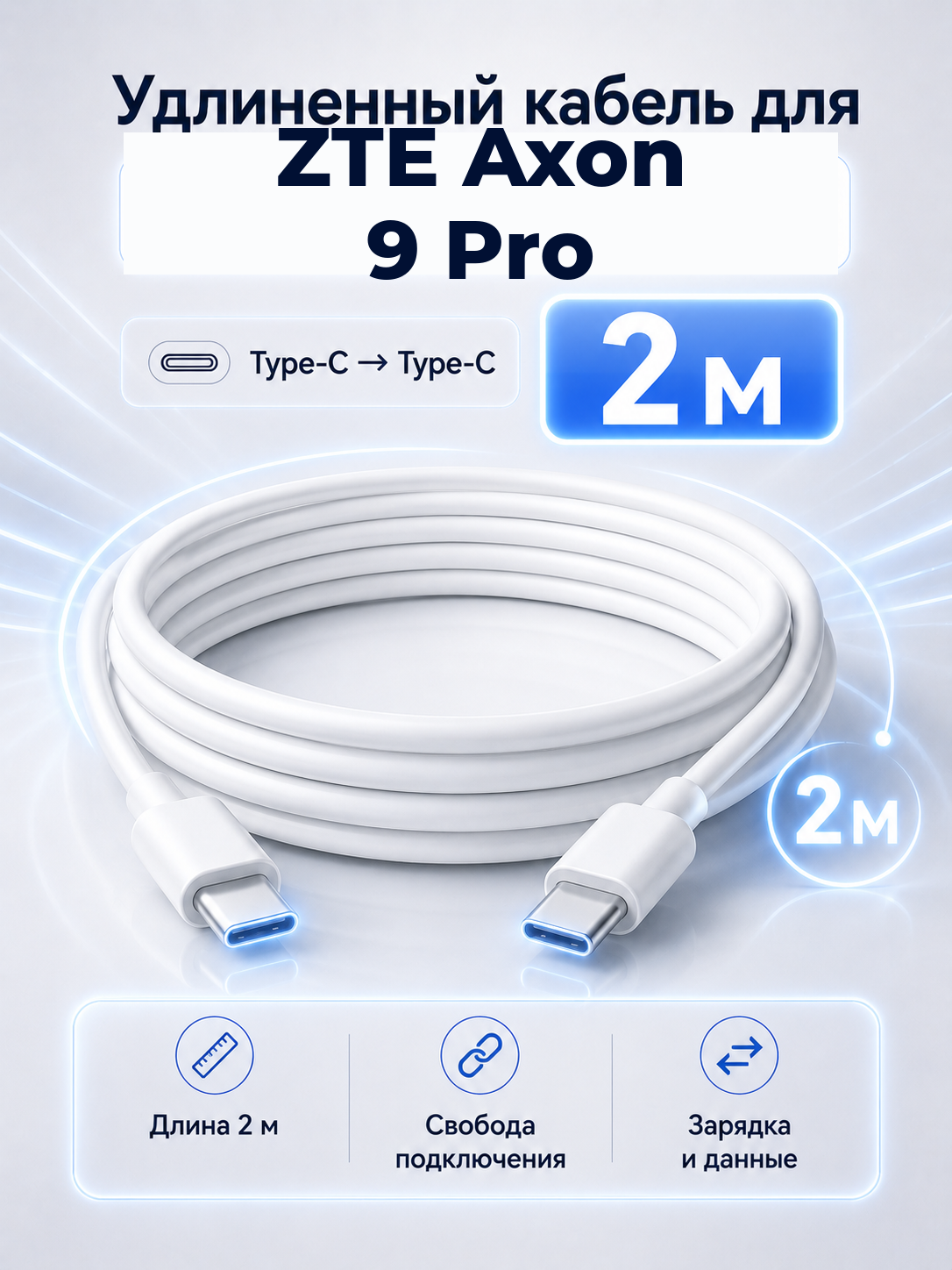 Удлиненный кабель для ZTE Axon 9 Pro Type-C на Type-C, 2 м