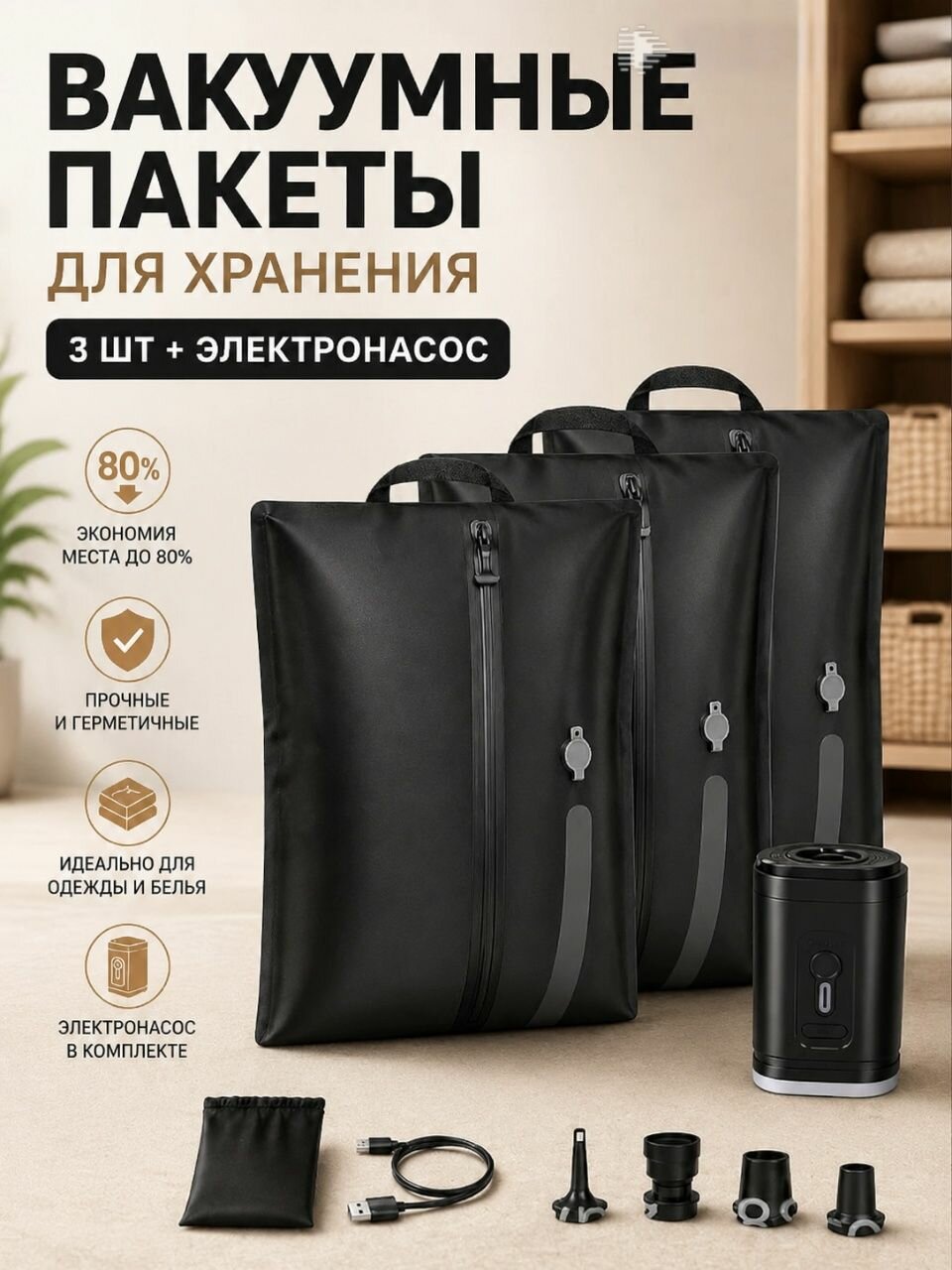 Вакуумные компрессионные пакеты для хранения вещей в путешествиях Водонепроницаемый и влагостойкий органайзер для одежды в чемодан, командировки и поездки Черный-3 шт, воздушный насос-1 шт