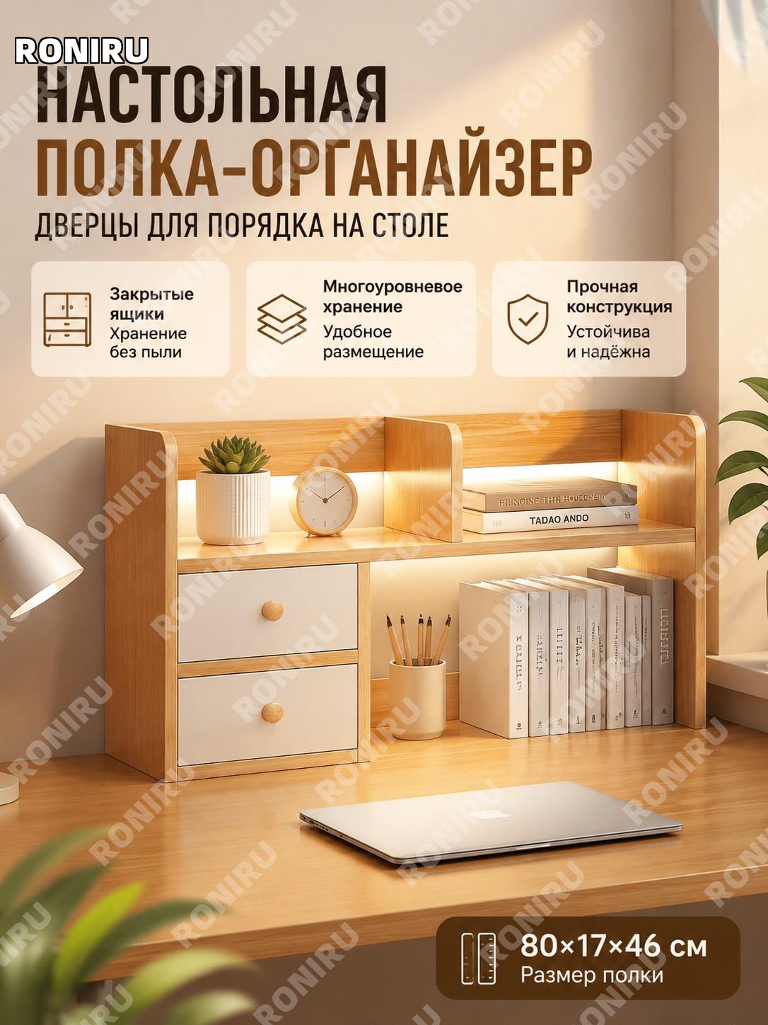 Книжная полка настольная двухдверная 80×17×46 см, цвет кантри дуб, стеллаж для книг и хранения, органайзер стола