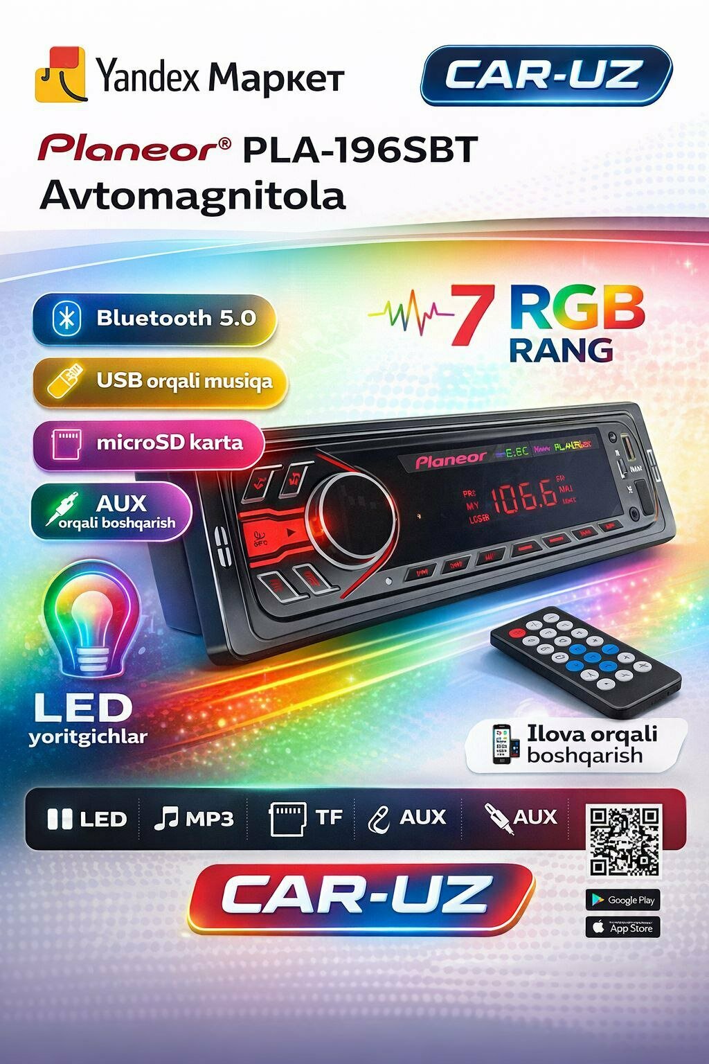 Автомагнитола Radio Flash PLA-196SBT (Bluetooth 5.0, 7 RGB-подсветок, USB, microSD, AUX, приложение)