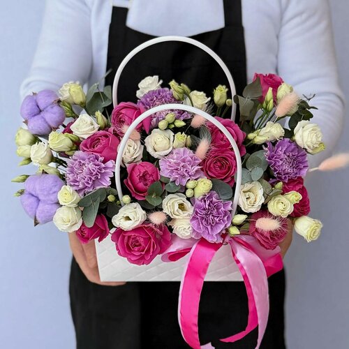 Изображение товара Сумочка Rybe-Flowers, эустома/гвоздика/пионовидная роза/хлопок/лагурус