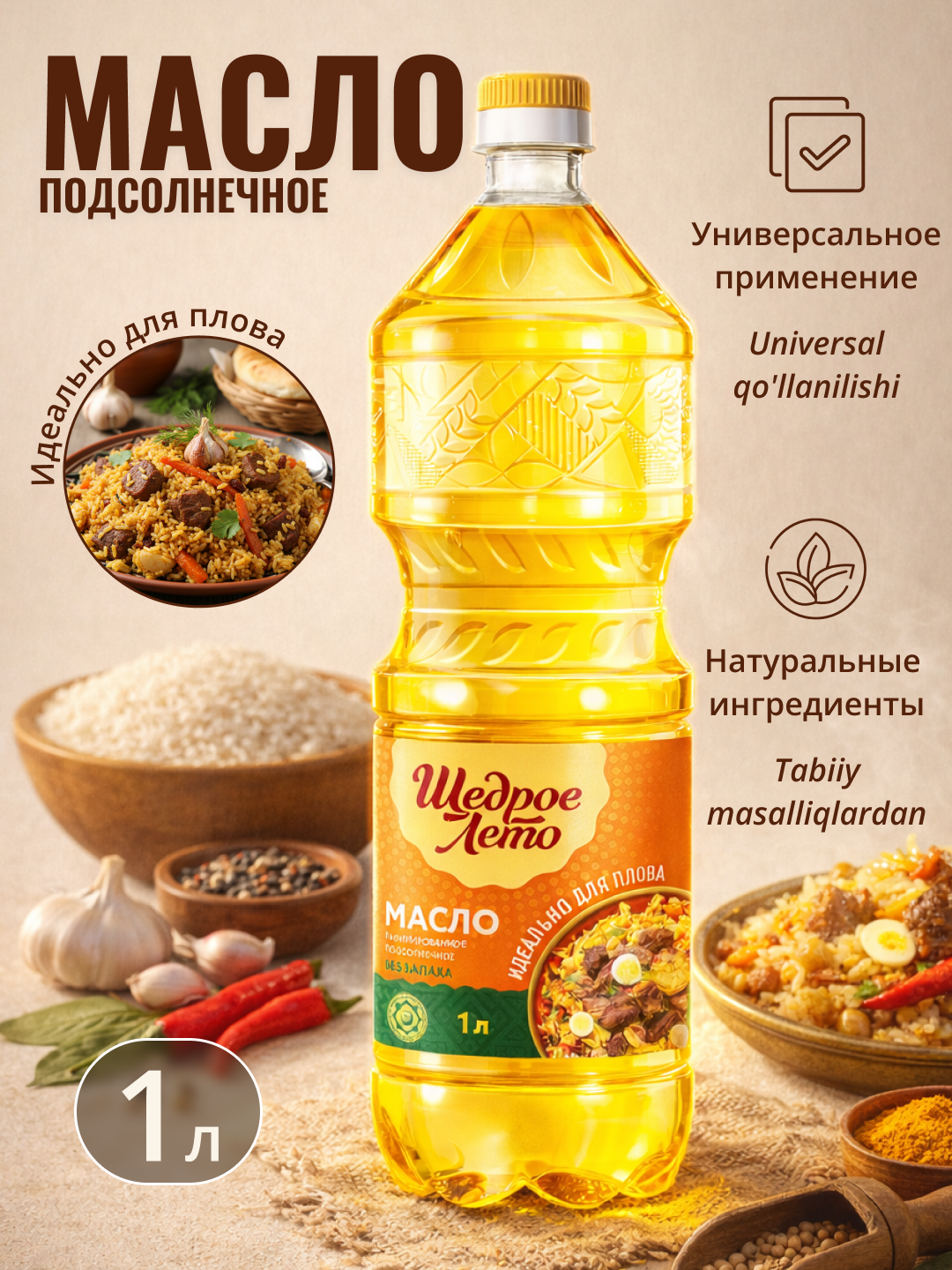 Щедрое лето масло подсолнечное рафинированное, прозрачное, светло-золотистое 1 л