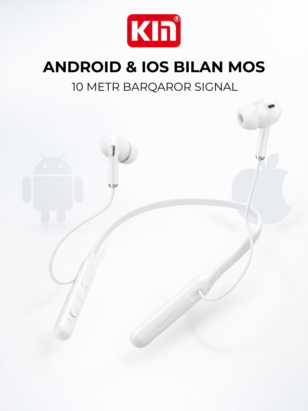 Гарнитура KIN KL02, Bluetooth 5.0, шейное крепление, мягкие амбушюры, белые — фото 1