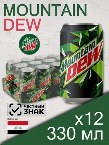 Изображение товара Mountain Dew, 0.33 л, 12 шт, банка (газированный напиток Маунтин Дью классический, MNT DEW)