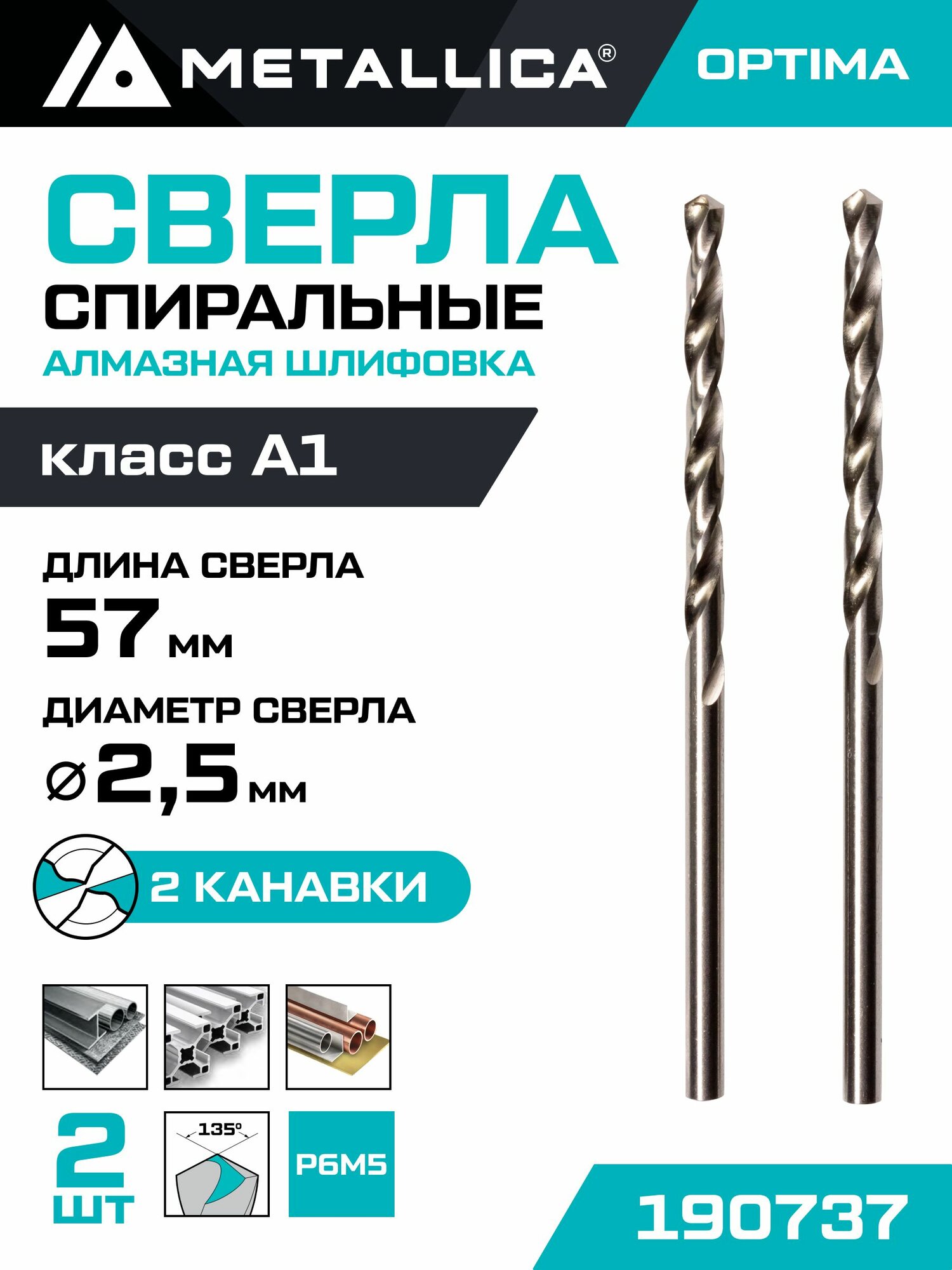 Сверло по металлу шлифованное METALLICA Optima 2,5х57/30 мм, Р6М5-FG, 2 шт