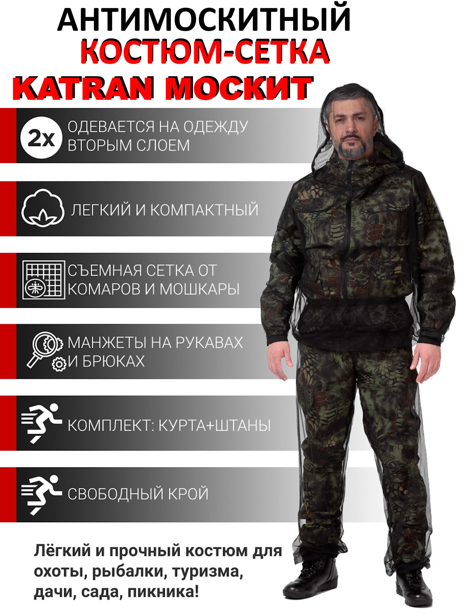 Антимоскитный костюм-сетка KATRAN москит (Сетка, черный), Черный, Размер: 60-62 Рост: 182-188