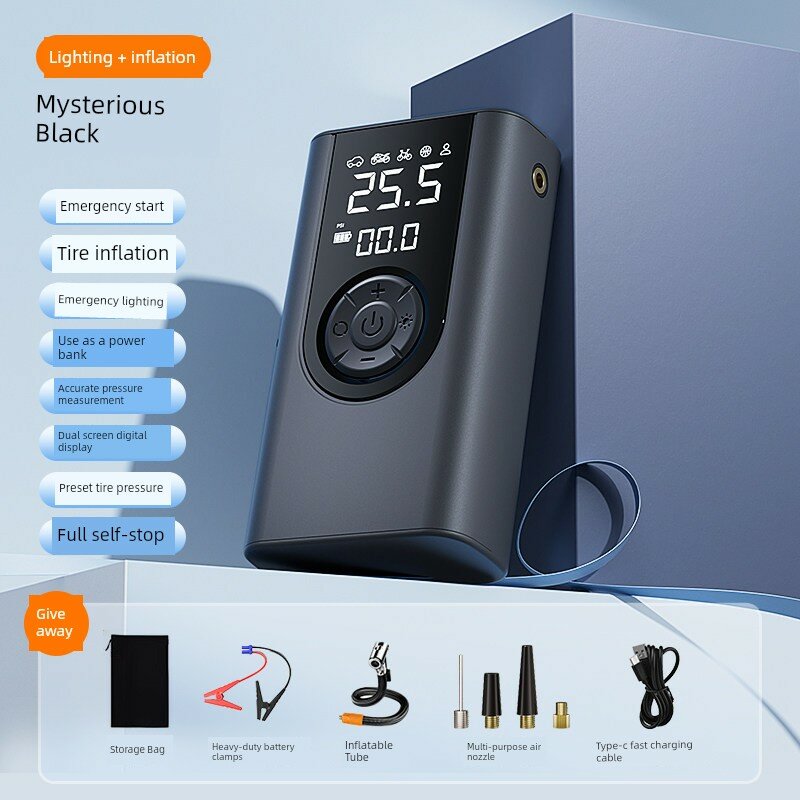 Автомобильный пусковой блок с насосом и power bank, черный цвет, стандартные клеммы, многофункциональный носик, сумка