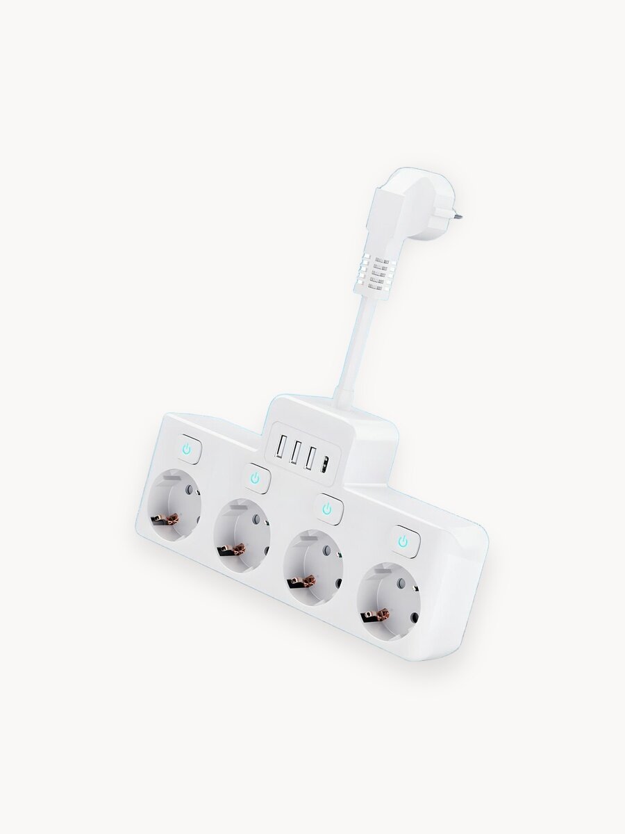 Сетевой разветвитель с 4 розетками, 3 usb, Type-C, с выключателем розеток