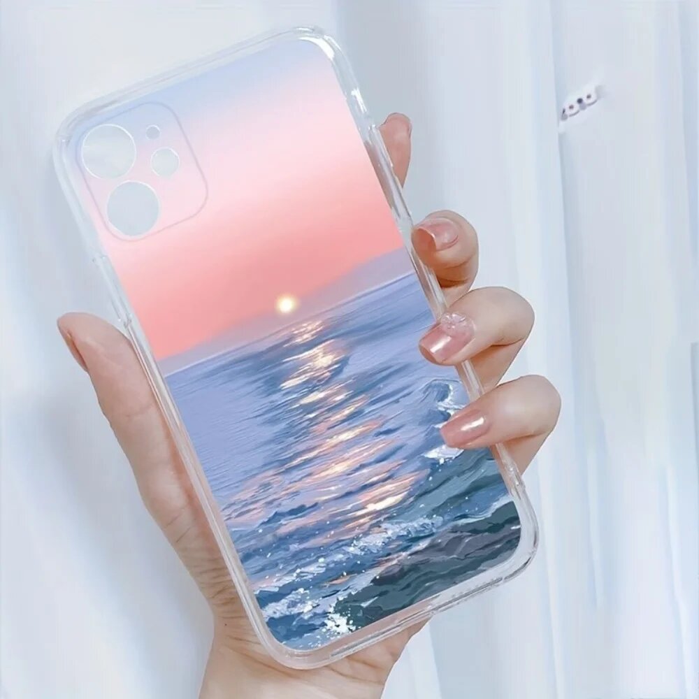 Прозрачный Чехол Для Телефона Из ТПУ С Рисунком «Закат Над Морем» Для iPhone iPhone 16 Pro Max
