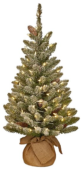 National Tree Company, Ель настольная первые заморозки в мешочке заснеженная, с шишками, 50 теплых белых LED ламп, 91 см, батарейки 31SCB3BL/SR-328-30-B