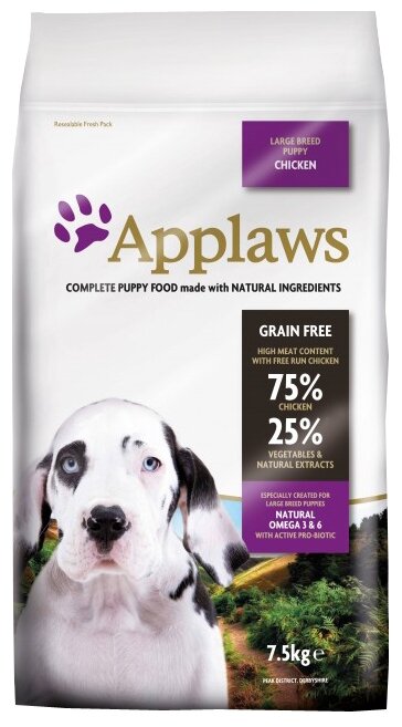 Applaws Беззерновой для Щенков крупных пород "Курица/Овощи: 75/25%" (Dry Dog Chicken Large Breed Puppy) 7.5кг