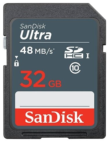 Карта памяти SDHC, 32 GB, SANDISK Ultra, UHS-I U1, 48 Мб/сек. (class 10), DUNB-032G-GN3IN