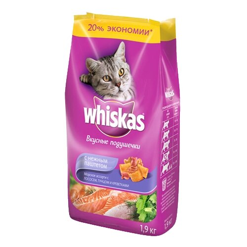 Whiskas Сухой корм для кошек Вкусные подушечки с нежным паштетом Аппетитный обед с лососем 10150218 10218782, 5 кг