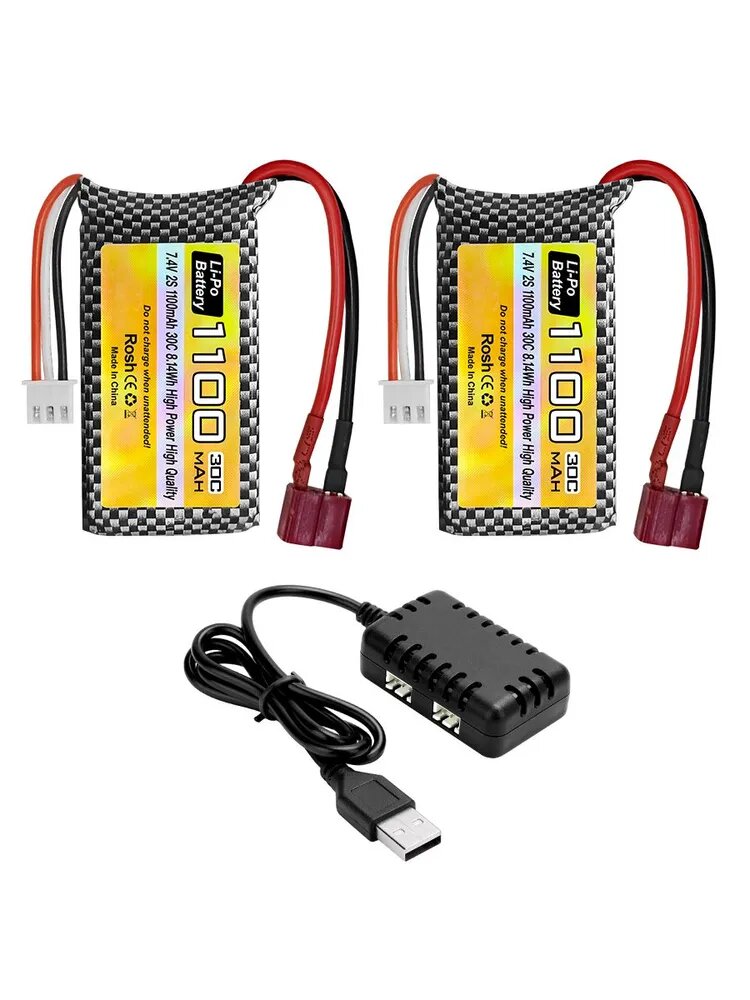 2PCS 7.4V 1100mAh 2S Литий - ионный аккумулятор, оснащенный T - образным разъемом и USB - зарядным устройством, подходит для различных игрушечных запасных батарей RC.