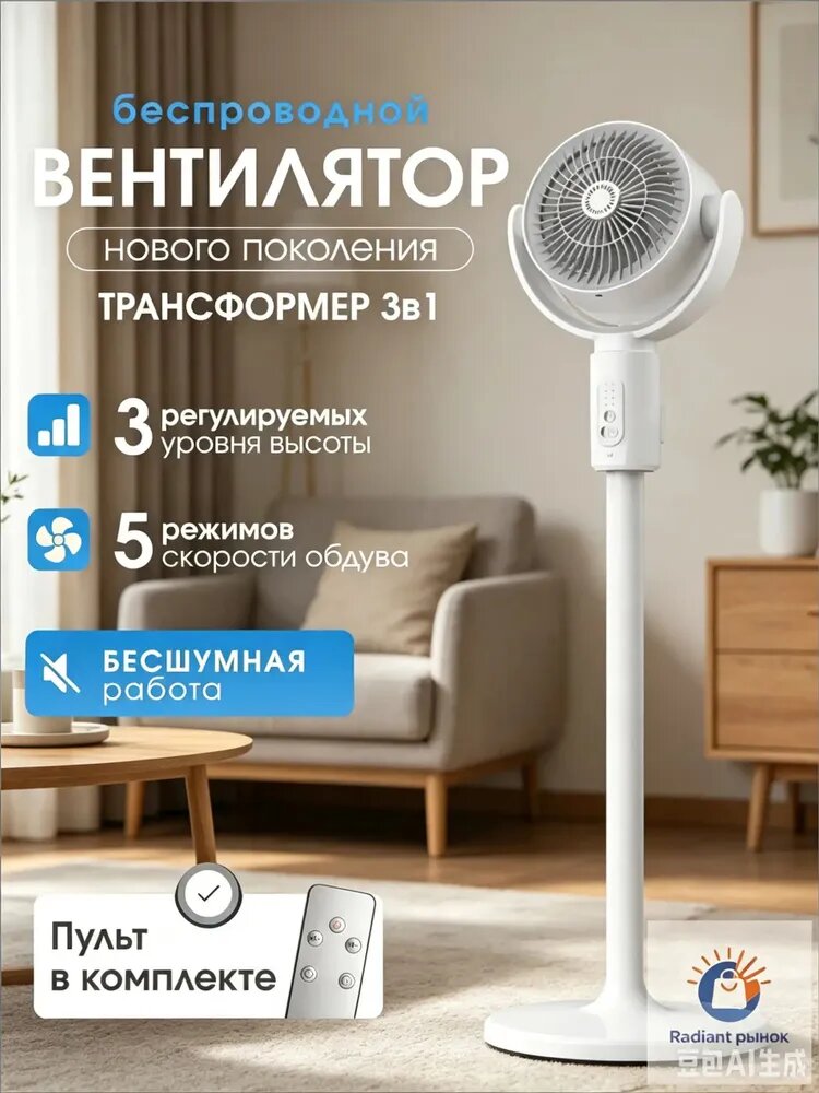 Напольный вентилятор B1, белый, беспроводной, трансформер 3в1, 5 скоростей, регулировка высоты