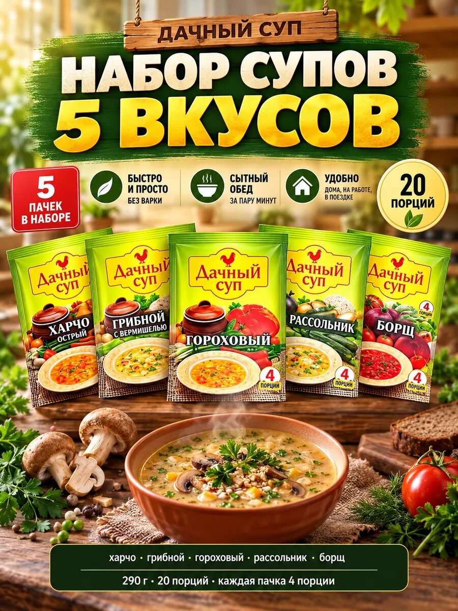 Набор супов 5 вкусов 290г харчо грибной гороховый рассольник