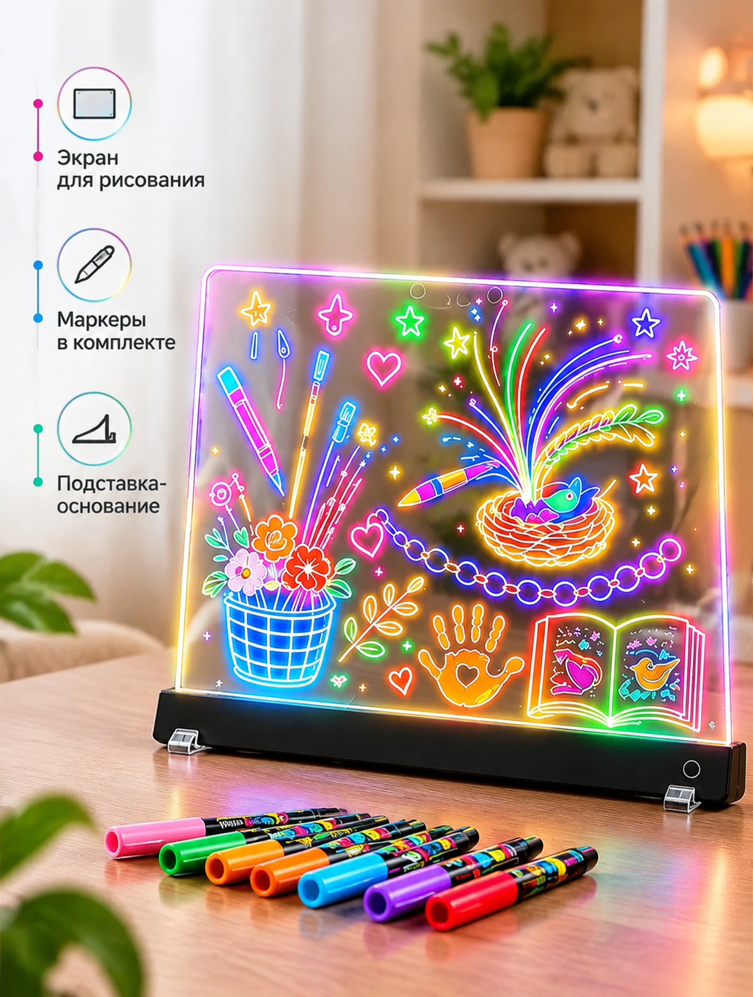 Световой экран для рисования 350×250 мм, RGB LED, аккумулятор, набор с подставкой и маркерами