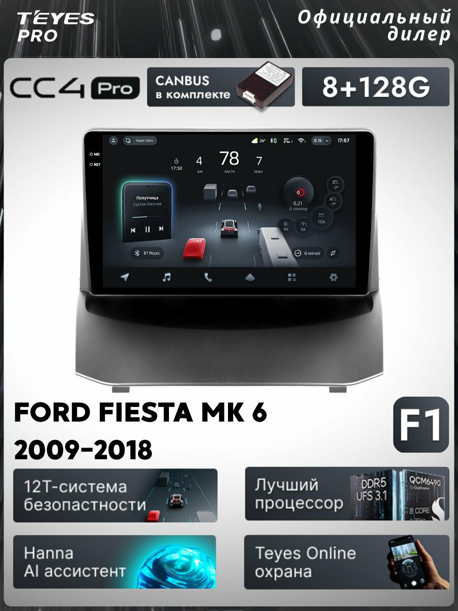 Магнитола Teyes CC4 PRO 8/128 для Ford Fiesta Mk 6 2009-2018 (Тип A) (Тип F1) , штатная магнитола, 8-ми ядерный процес