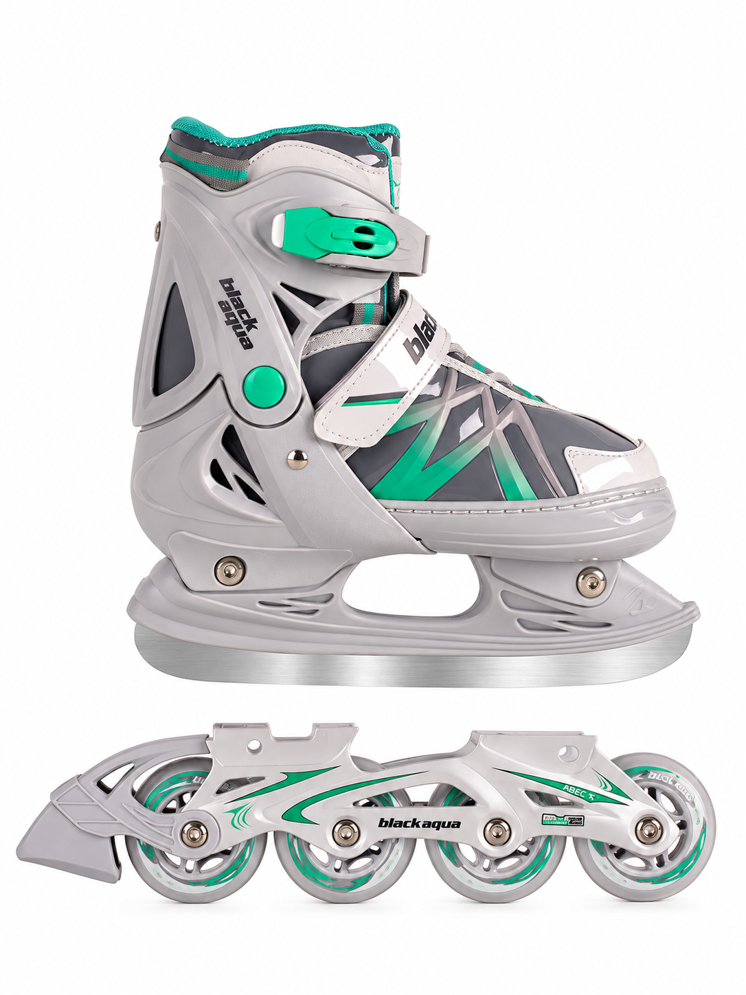 Коньки 2в1 (коньки+ролики) BRAND BlackAqua (AS-410), размер 39-42, цвет серо-зеленый