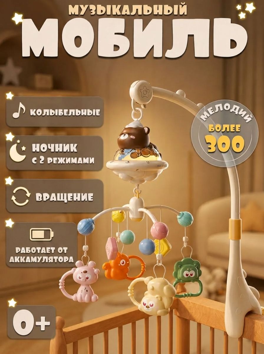 Мобиль музыкальный на кроватку для новорожденных Мишка