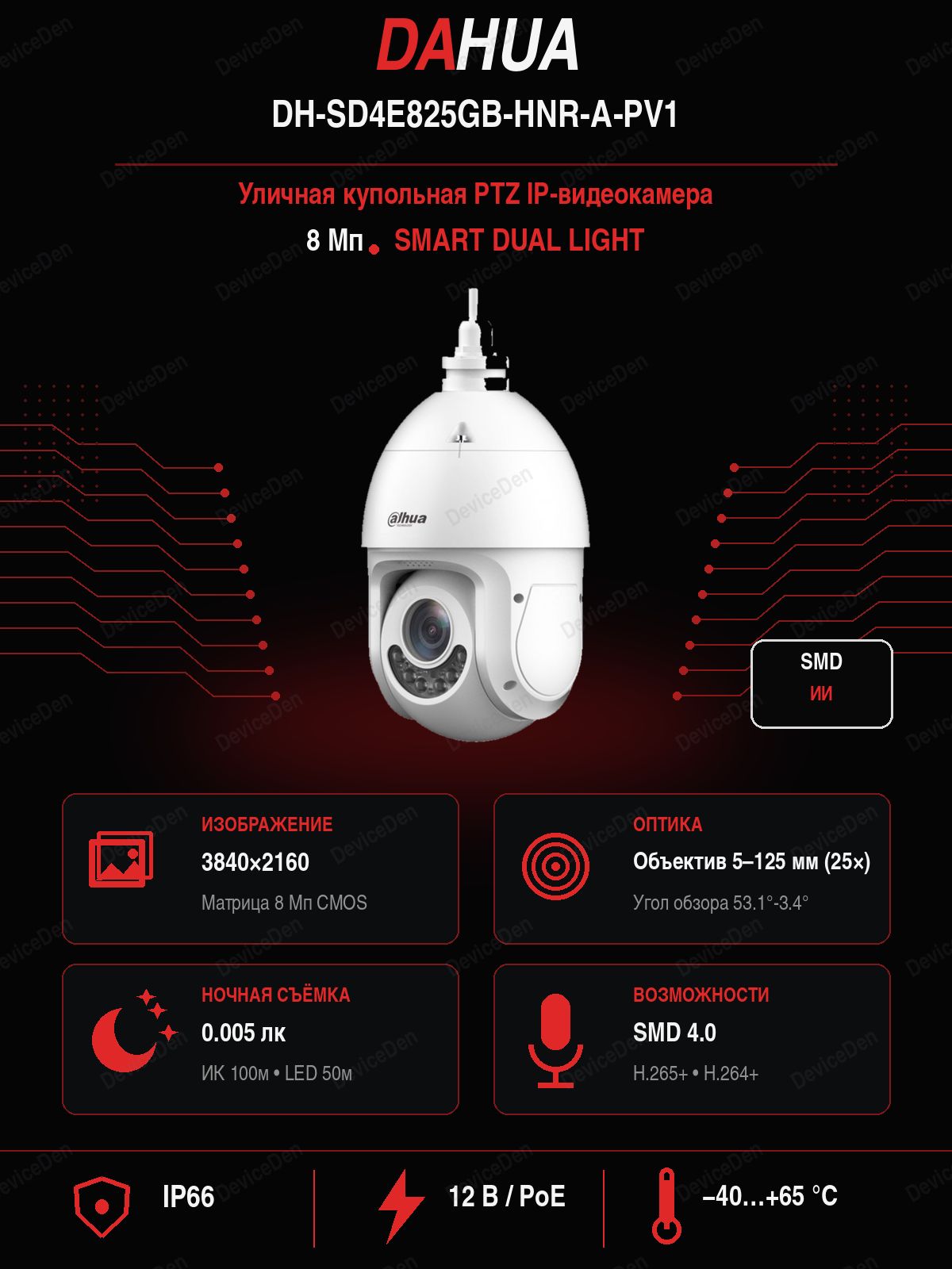 Dahua DH-SD4E825GB-HNR-A-PV1 - 8 Мп уличная купольная поворотная PTZ IP-камера, объектив 5-125 мм, PoE