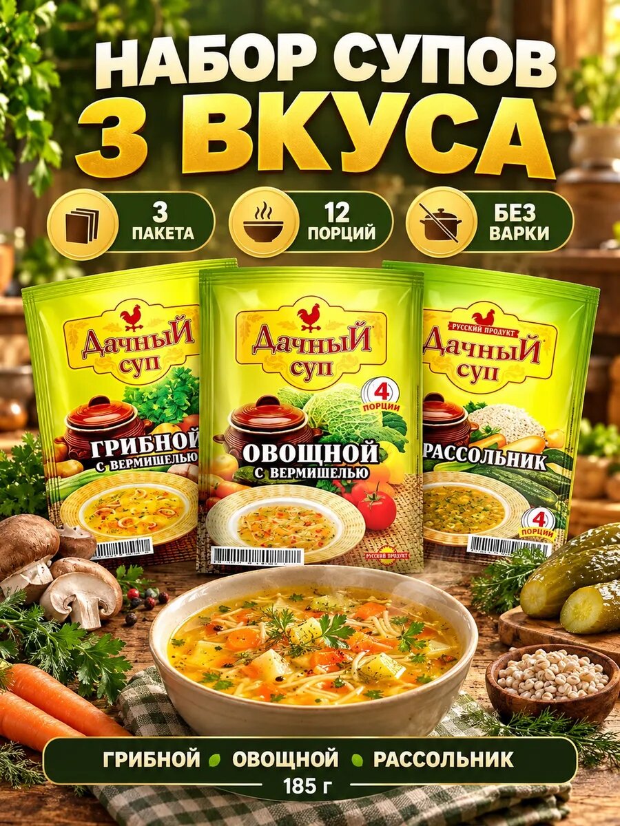 Набор супов 3 вкуса грибной овощной рассольник 185г — супы быстрого приготовления