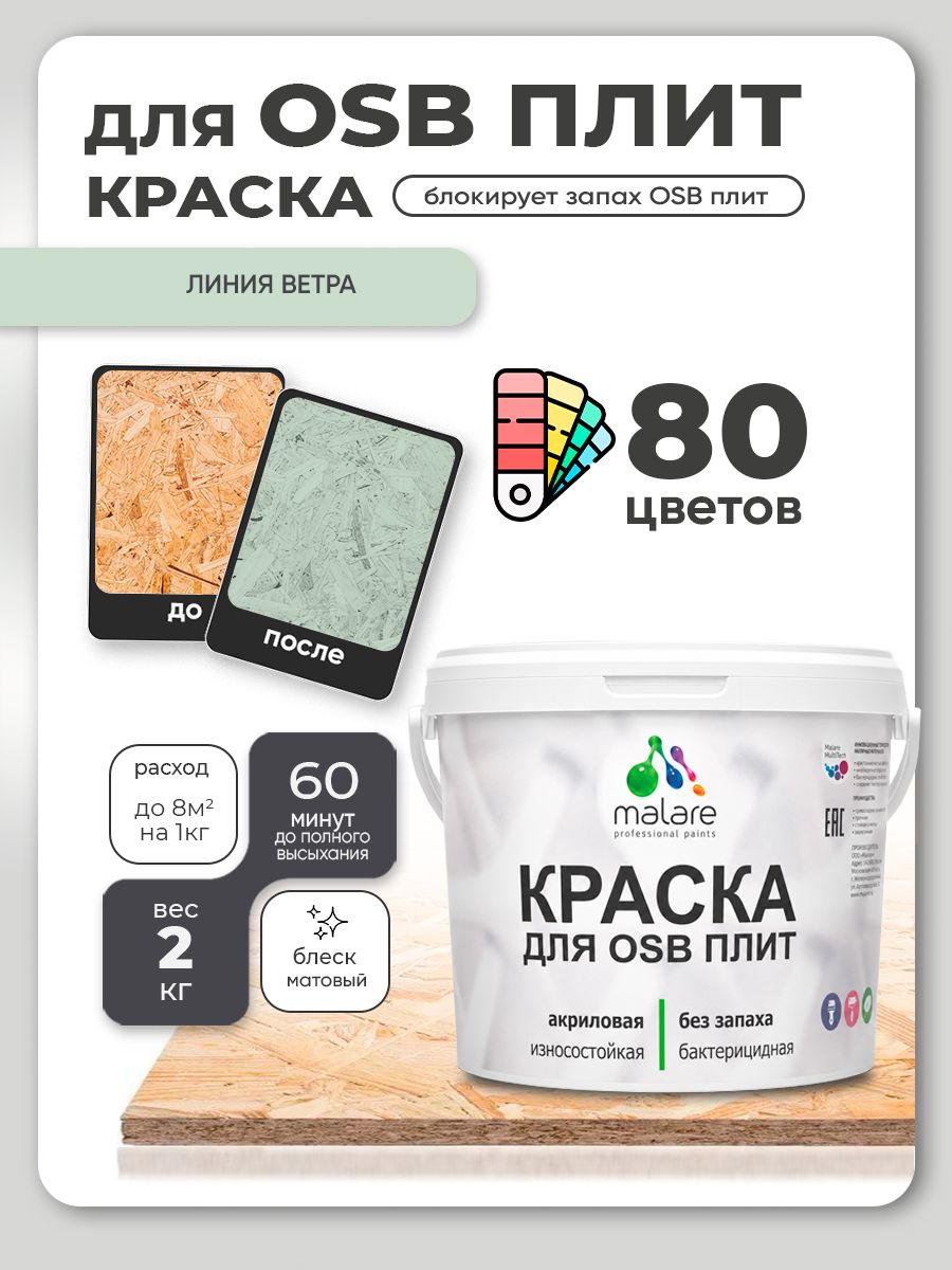 Акриловая краска для ОСБ плит Malare для дерева для наружных и внутренних работ, быстросохнущая без запаха матовая, линия ветра, 2 кг