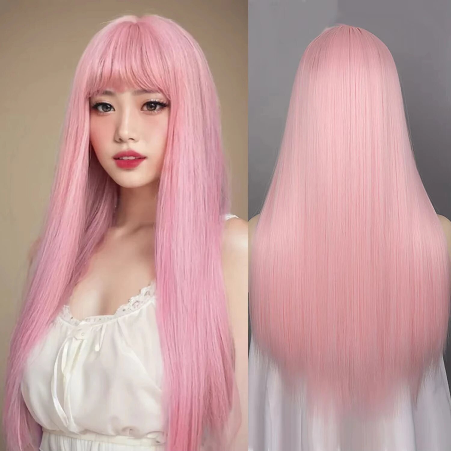 Черный длинный прямой синтетический парик с челкой Розовый, 1107-003-light pink