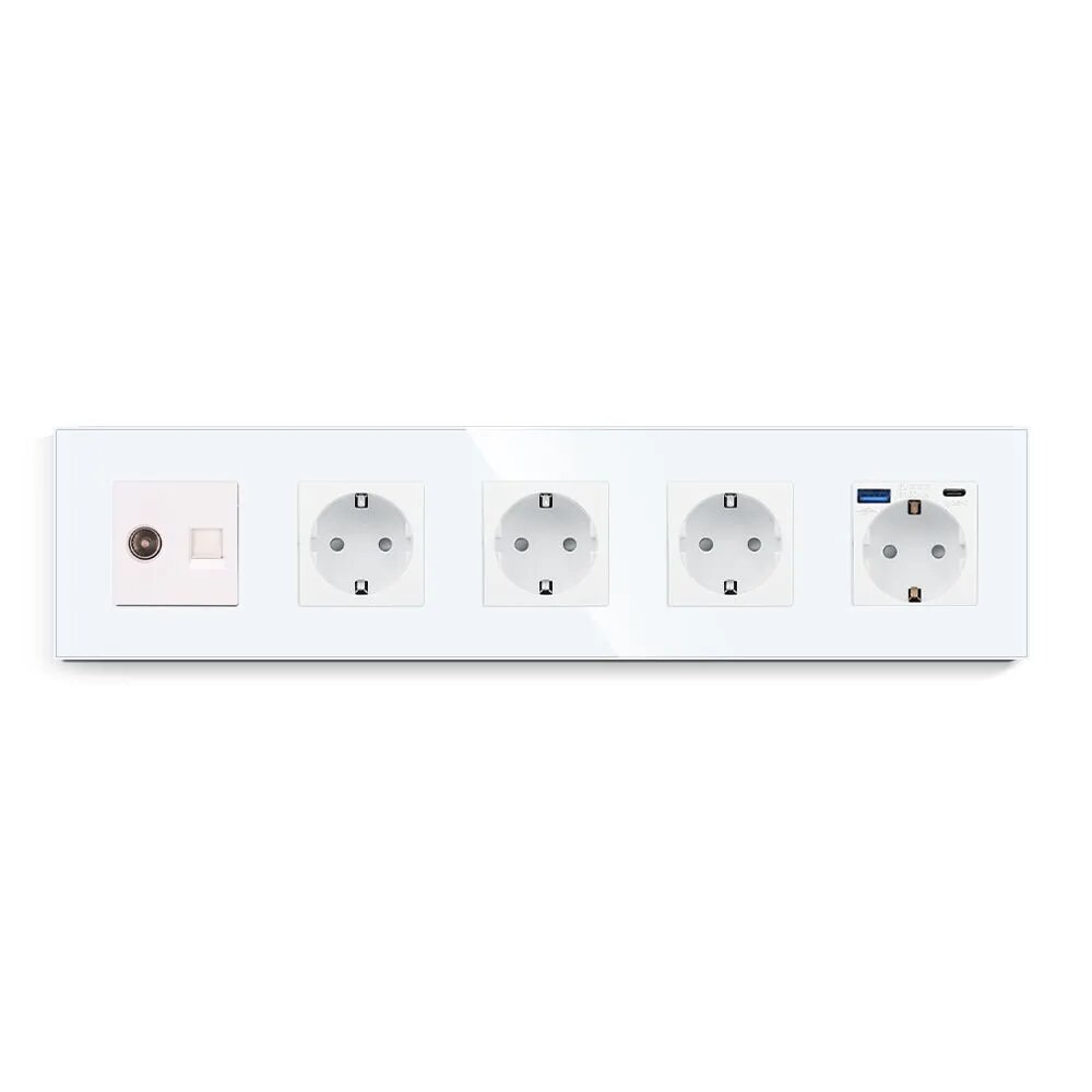 Розетка с заземлением с USB(Type C+Type A), с тв Сетевой модуль RJ45 розетки,5 поста белый 1шт.