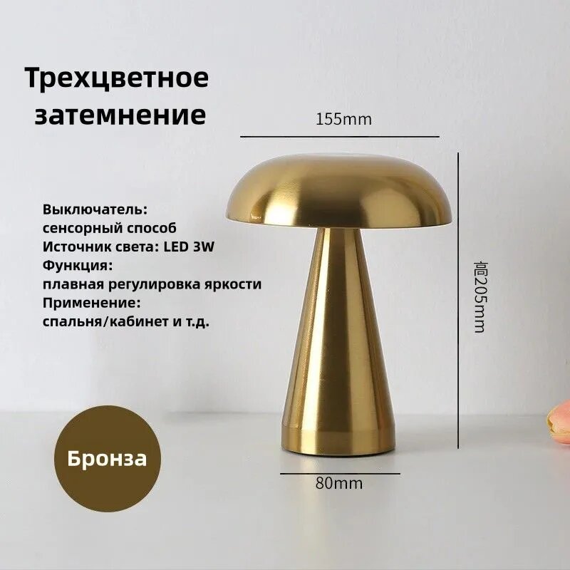 Настольная лампа светодиодная, металл, бронза, теплый белый свет, от аккумулятора, диммер, высота 205 мм — фото 1