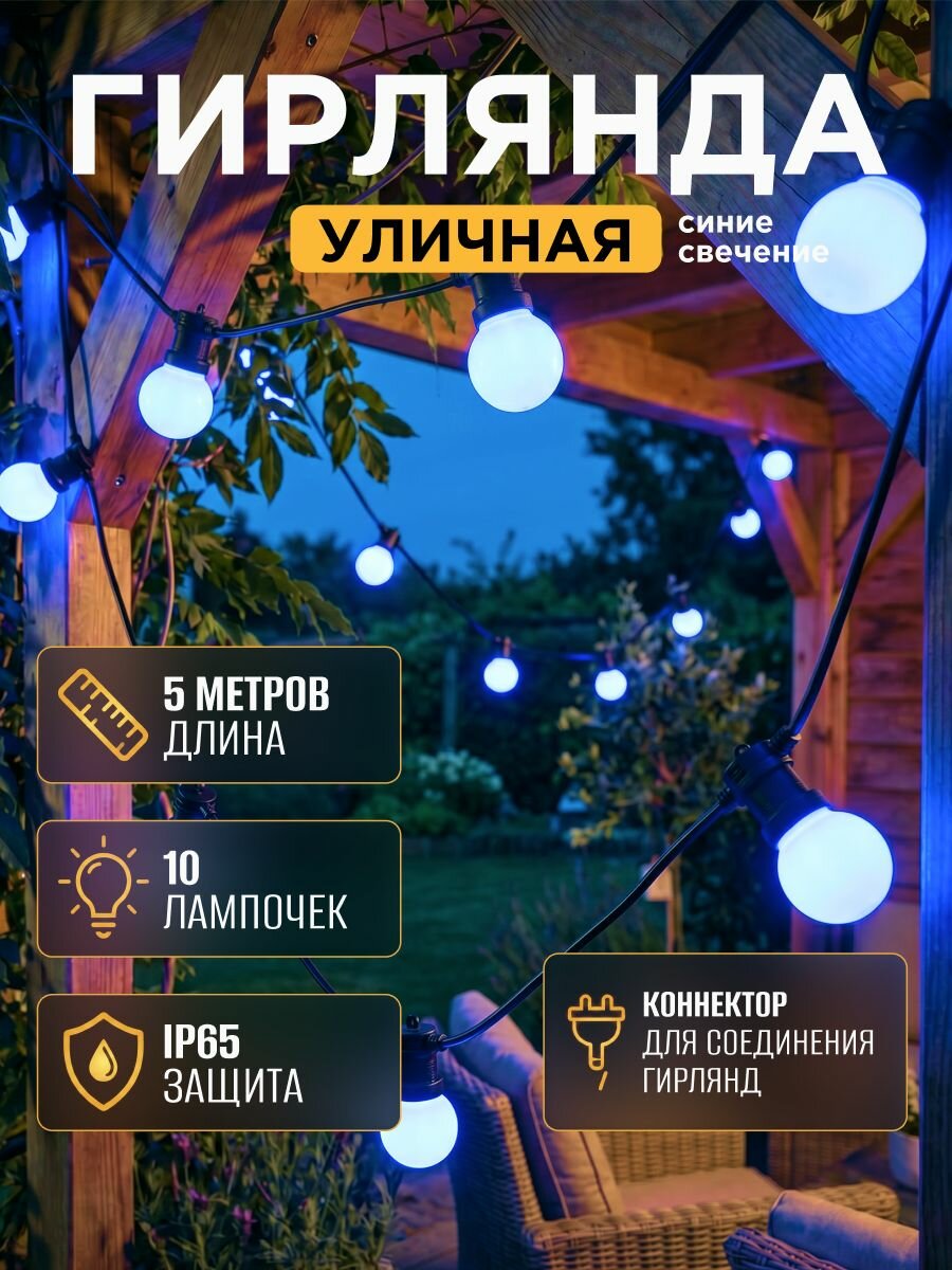 Гирлянда уличная лампочки синяя 5М 60LED IP65, уличная гирлянда для сада и дома Funray