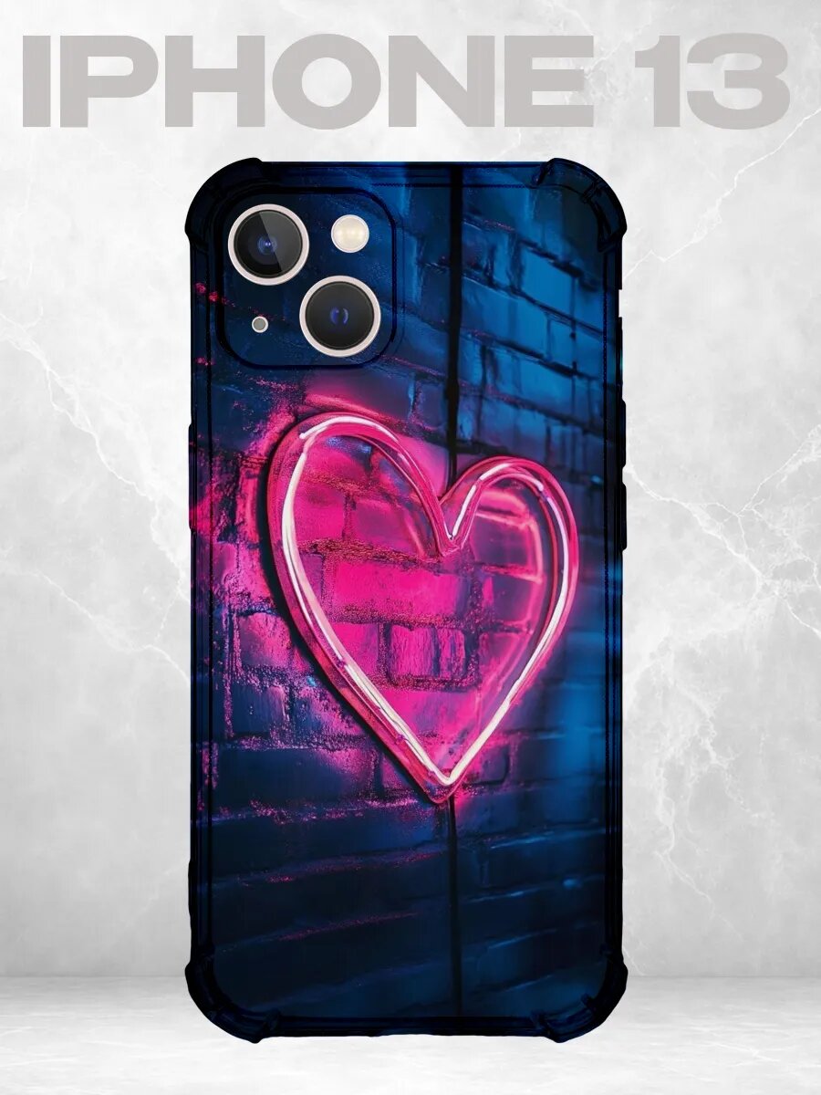 Чехол на iPhone 13 неон сердце кирпич