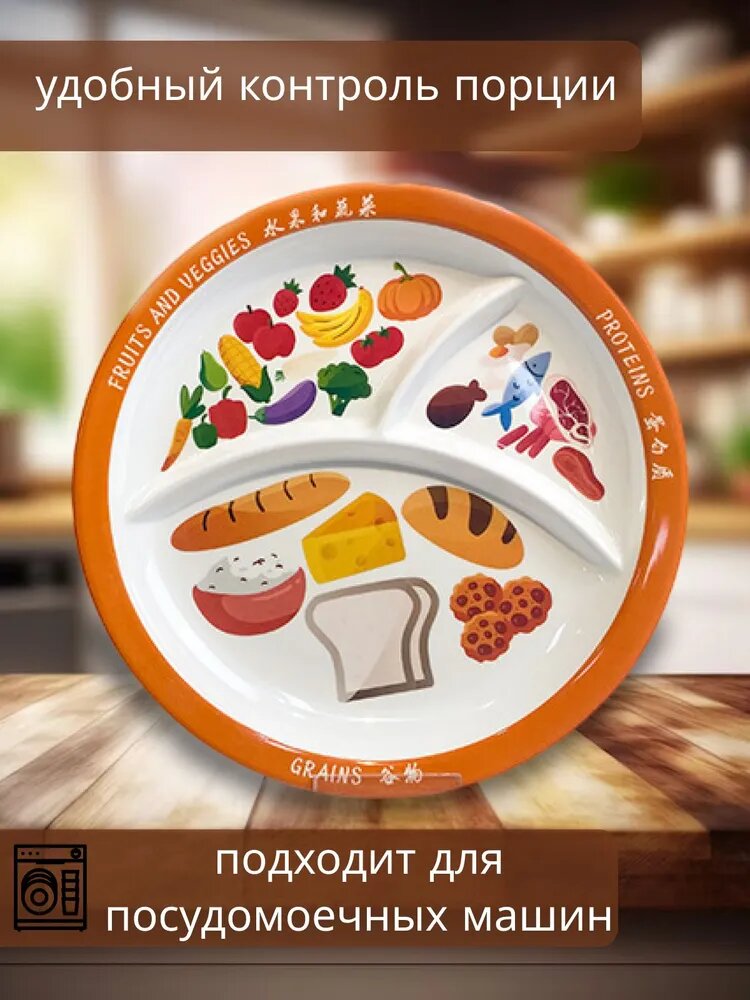 Тарелка раздельная меламиновая круглая 25 см с рисунком Фрукты Овощи Злаки Белки для контроля порций мультиколор