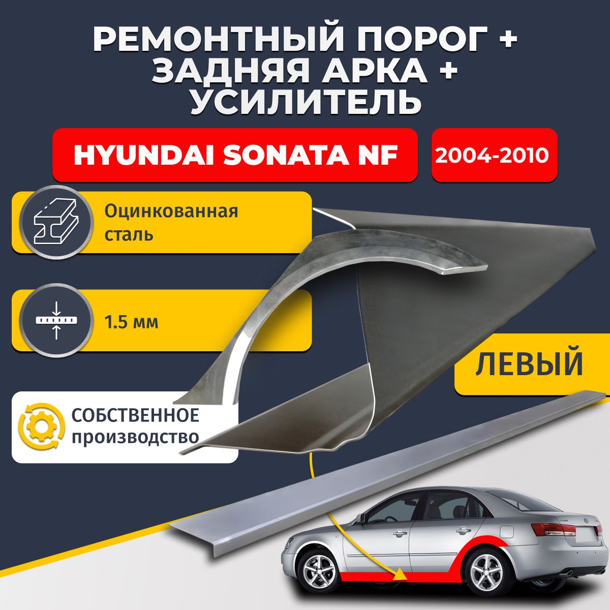 Левая ремонтная задняя арка (0,8 мм) и левый ремонтный стандартный порог (1.5 мм) + усилитель (1,5 мм) на Hyundai Sonata 2004-2010 5 NF седан (Хендай Соната 5 НФ). Материал оцинкованная сталь.