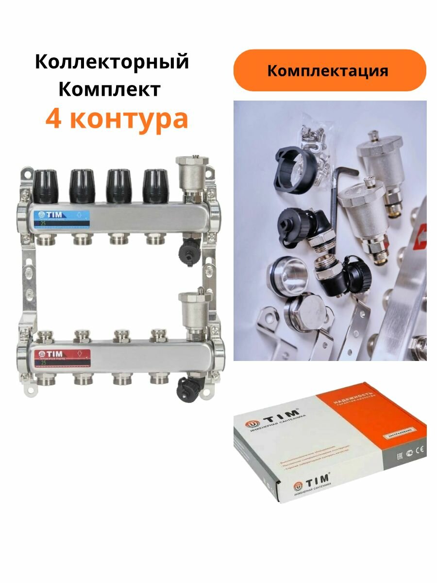 Коллекторная группа 4 контура для радиаторов, нерж. сталь, TIM, KBS5004