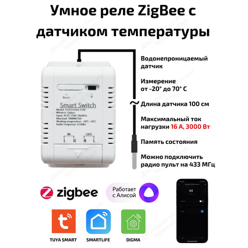 фото Умное реле tuya zigbee 16а алиса c внешним датчиком температуры